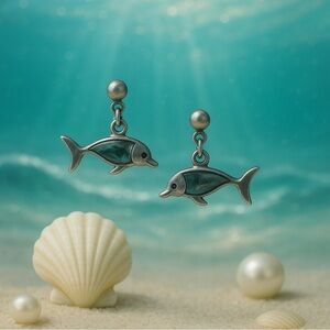 Abalone Shell (Paua Shell) dolphin 🐬 earrings, pewter finish 🩵
